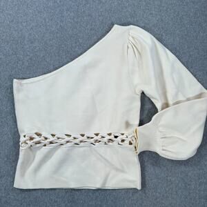 DO + BE One Shoulder Braided Cut Out Blouse Size Small Cream Long Sleeve